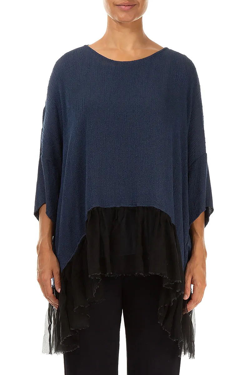 Flared Chiffon Hem Slate Blue Silk Blouse 1