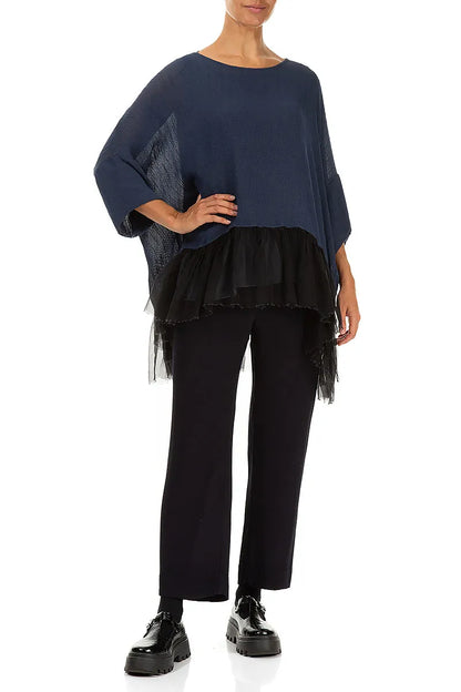 Flared Chiffon Hem Slate Blue Silk Blouse 4