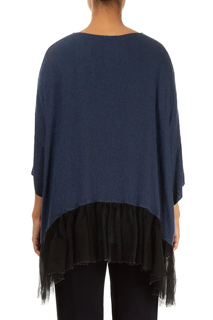 Flared Chiffon Hem Slate Blue Silk Blouse 2