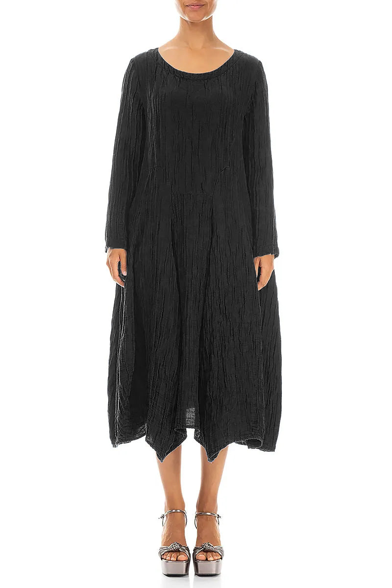 Flared Crinkled Black Silk Linen Dress