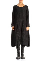 Flared Crinkled Black Silk Linen Dress 1