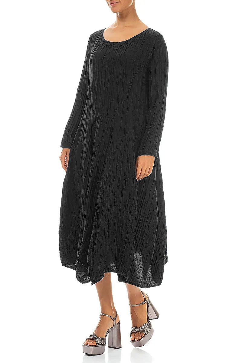 Flared Crinkled Black Silk Linen Dress 3