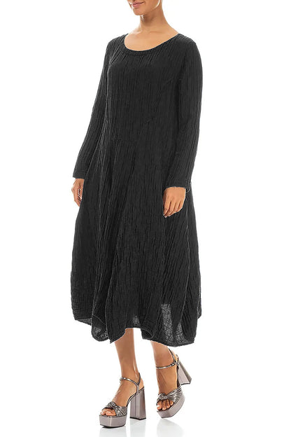 Flared Crinkled Black Silk Linen Dress 3