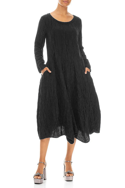 Flared Crinkled Black Silk Linen Dress 4