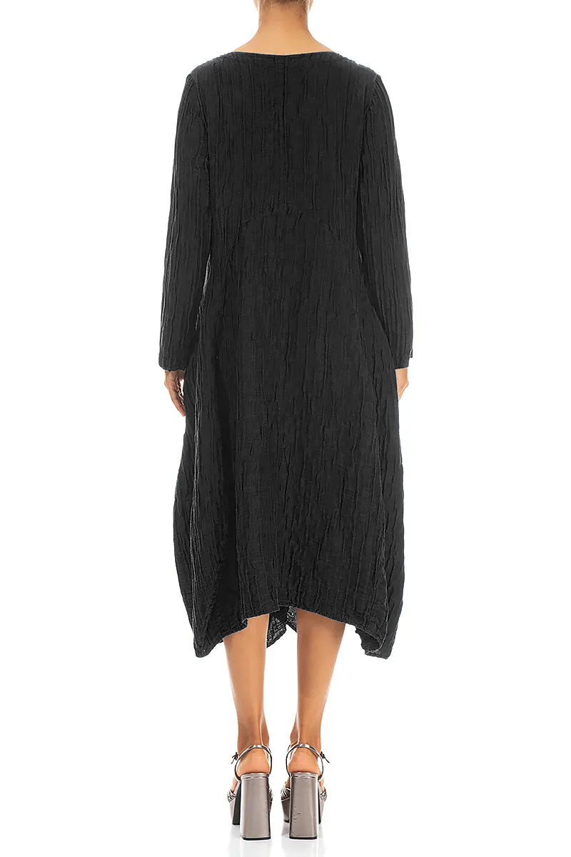 Flared Crinkled Black Silk Linen Dress