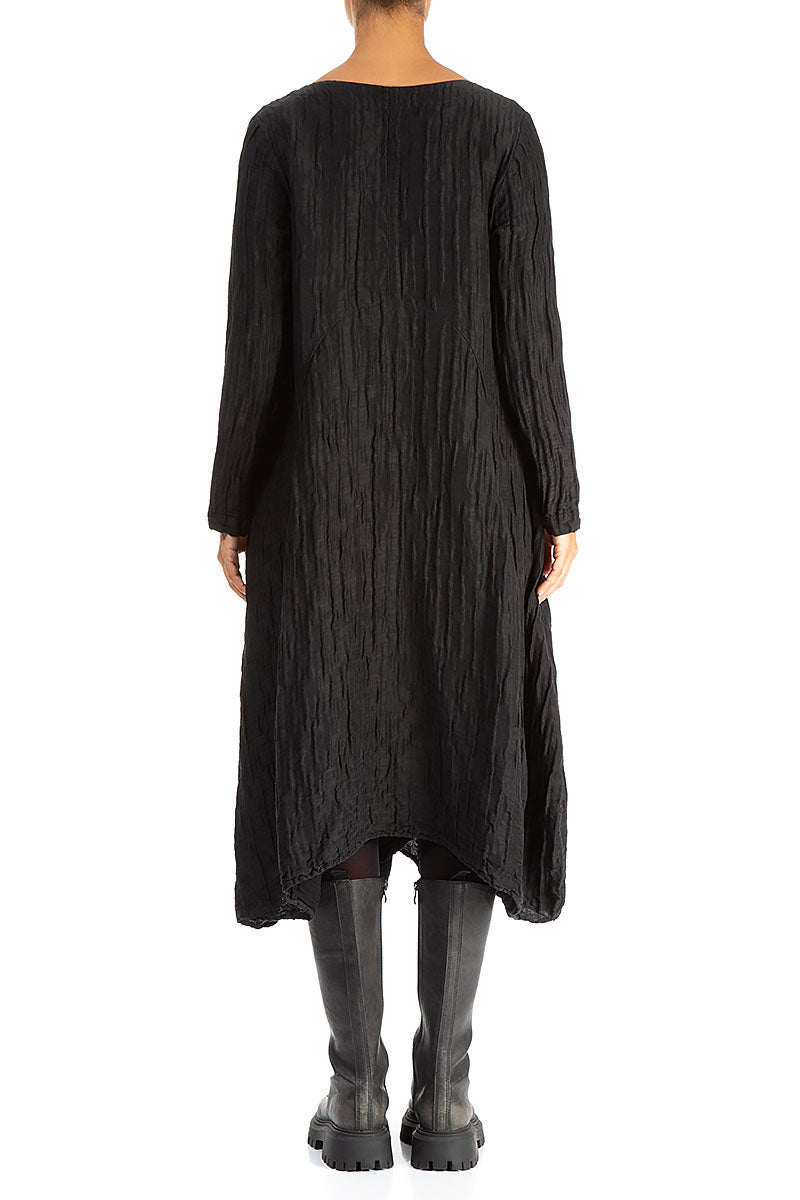 Flared Crinkled Black Silk Linen Dress 2