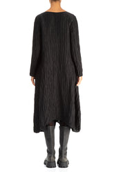 Flared Crinkled Black Silk Linen Dress 2