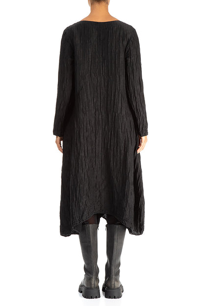 Flared Crinkled Black Silk Linen Dress 2