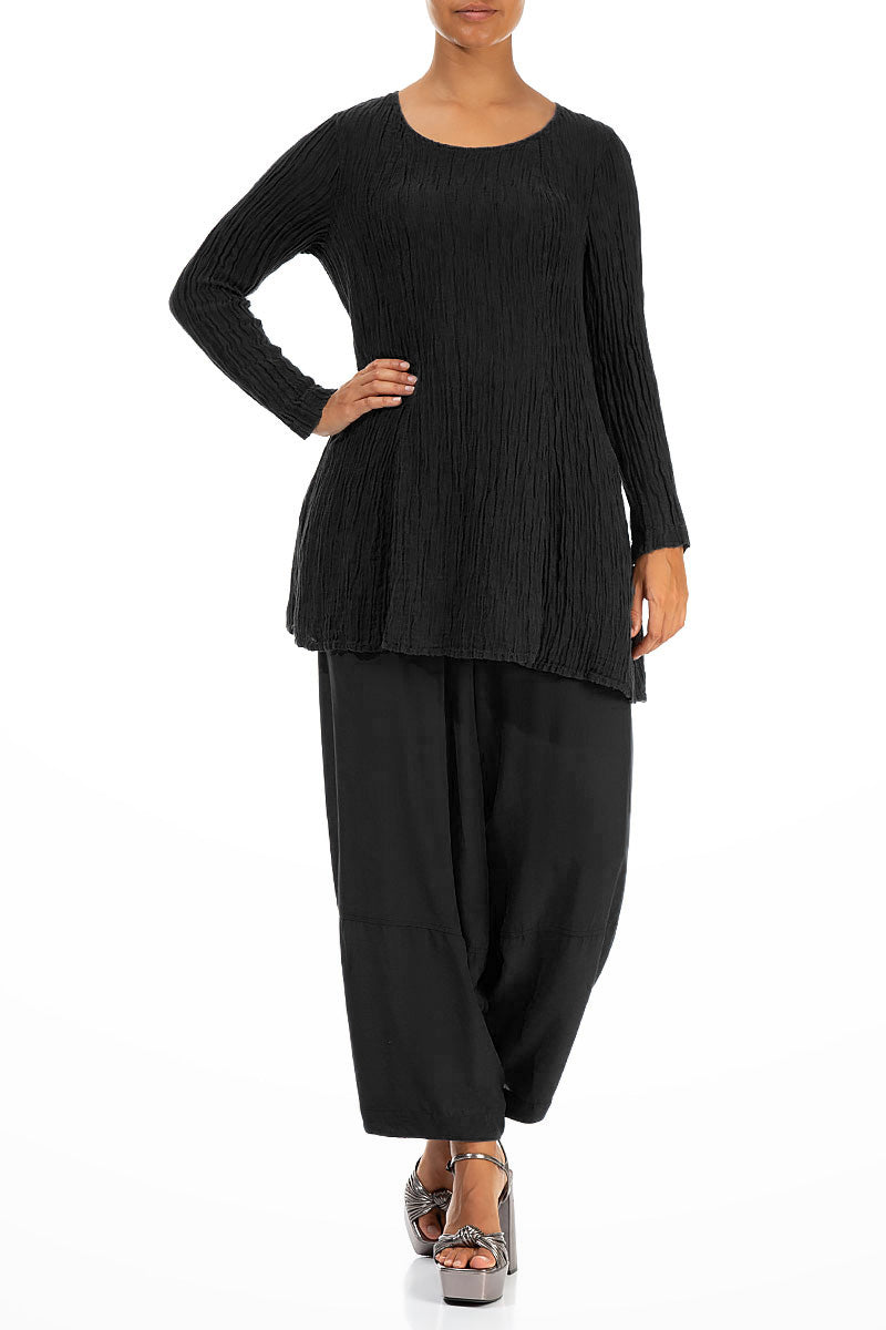Flared Crinkled Black Silk Tunic 4