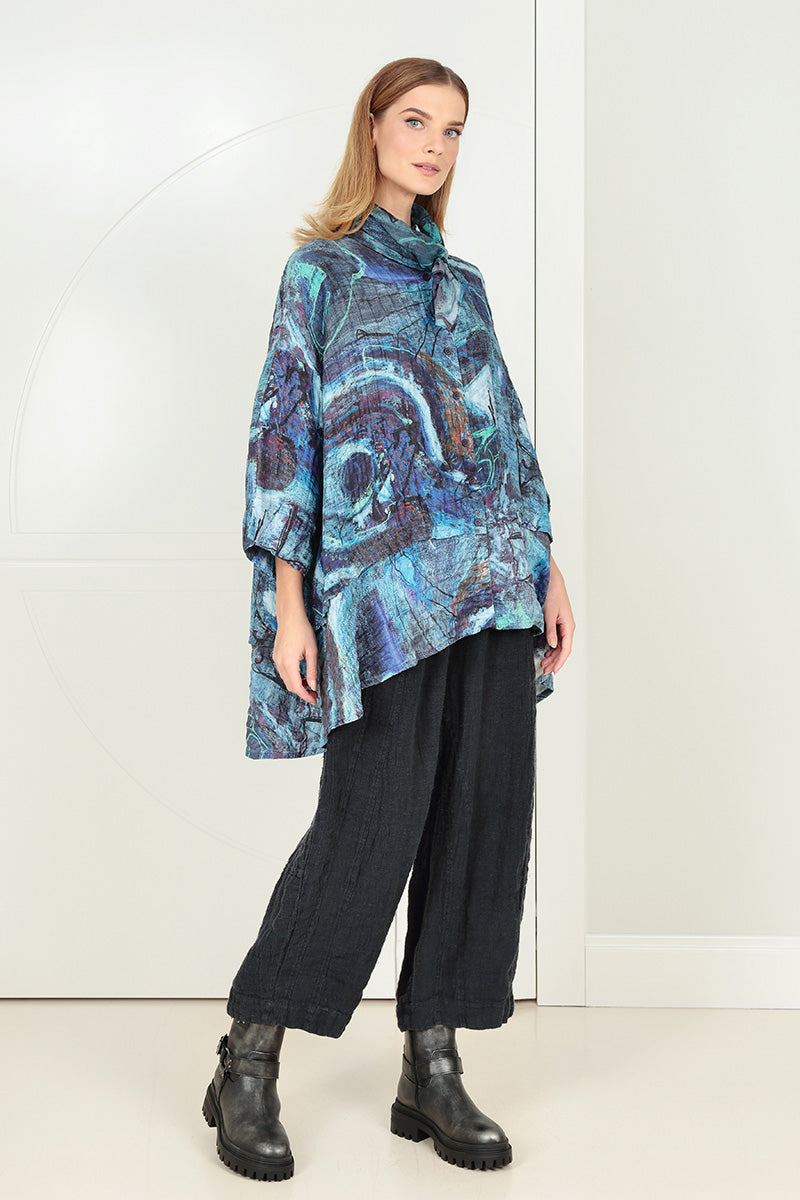 Flared Crinkled Blue Reverie Silk Shirt 6