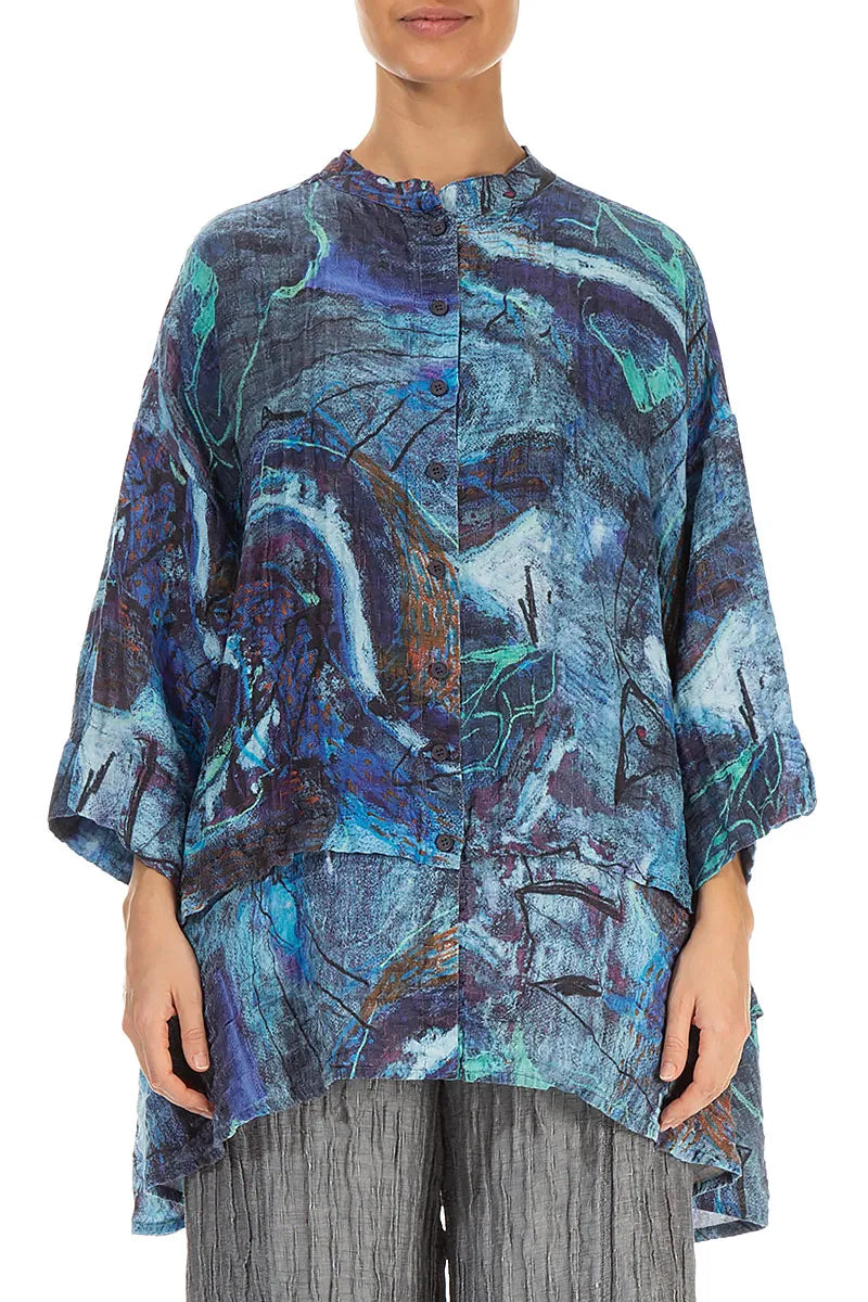 Flared Crinkled Blue Reverie Silk Shirt 1