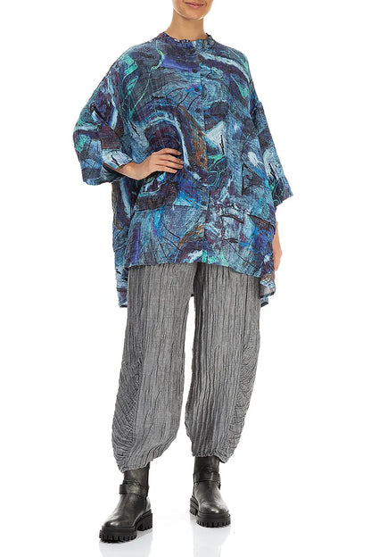 Flared Crinkled Blue Reverie Silk Shirt 4