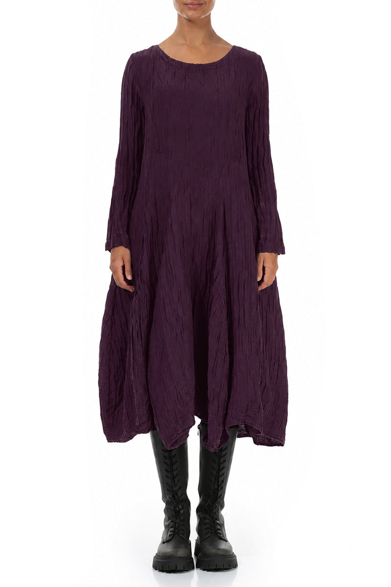 Flared Crinkled Deep Plum Silk Linen Dress 1