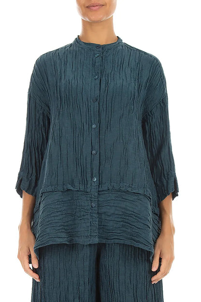 Flared Crinkled Deep Turquoise Silk Linen Shirt