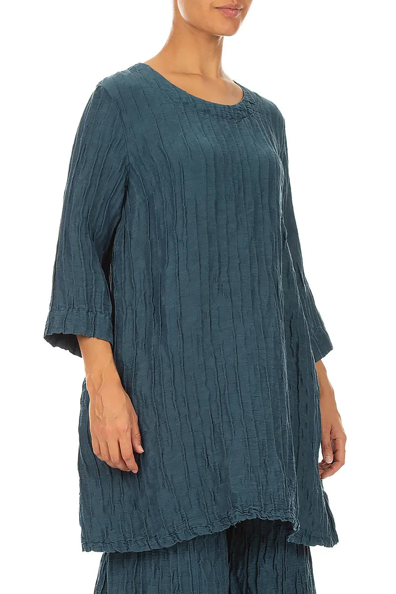 Flared Crinkled Deep Turquoise Silk Linen Tunic 3