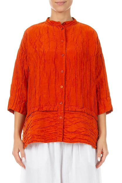 Chemisier évasé en soie froissée orange flamboyant