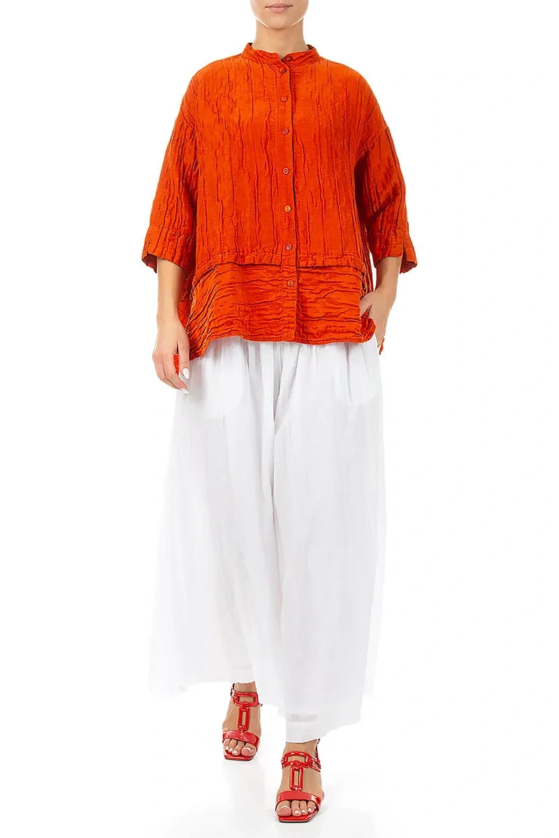 Chemisier évasé en soie froissée orange flamboyant