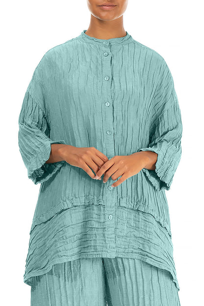 Flared Crinkled Mint Silk Shirt 3