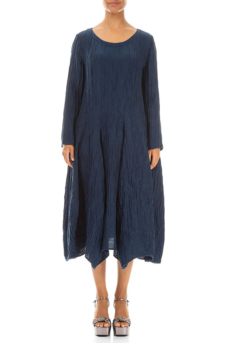 Robe évasée en lin et soie bleu marine froissé
