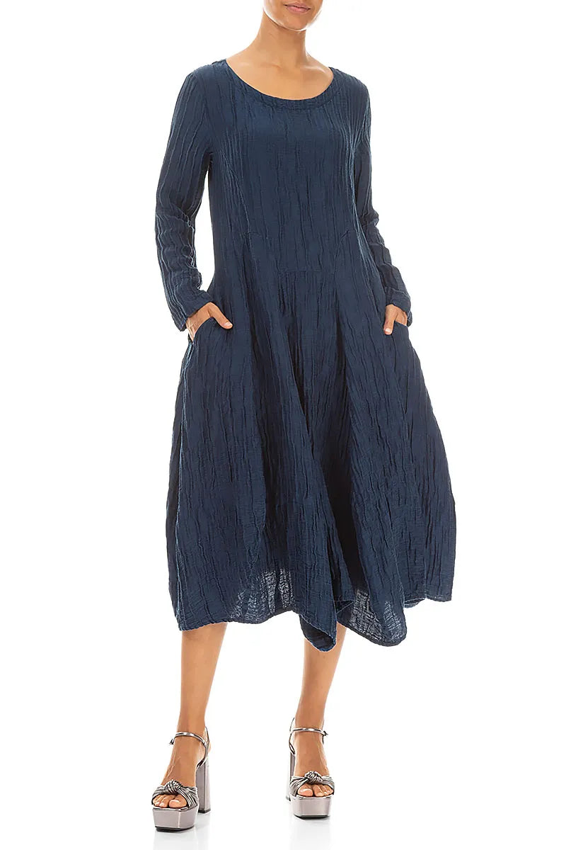 Robe évasée en lin et soie bleu marine froissé