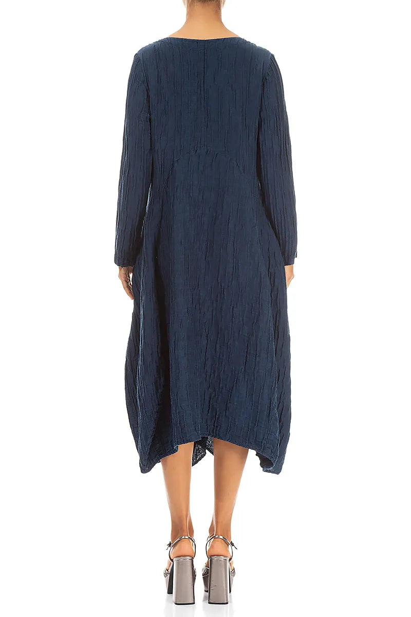 Robe évasée en lin et soie bleu marine froissé