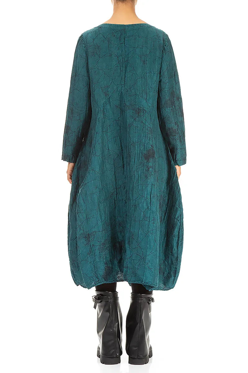 Flared Crinkled Peacock Marble Silk Linen Dress
