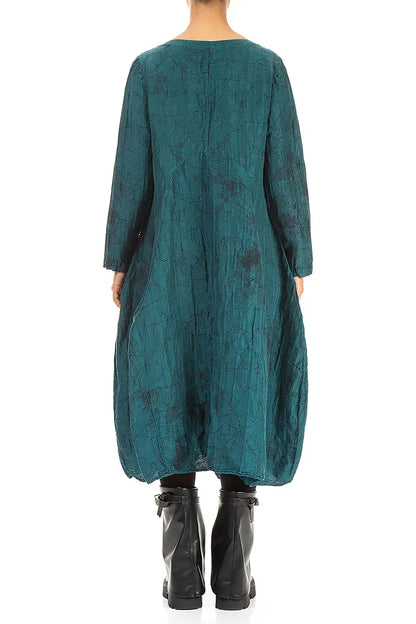 Flared Crinkled Peacock Marble Silk Linen Dress