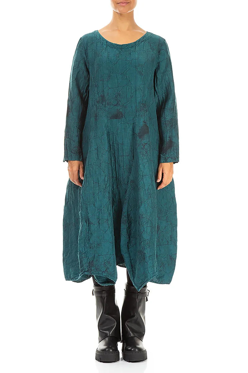 Flared Crinkled Peacock Marble Silk Linen Dress