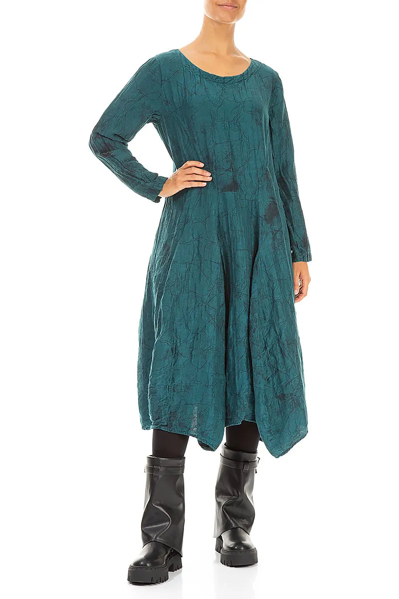 Flared Crinkled Peacock Marble Silk Linen Dress