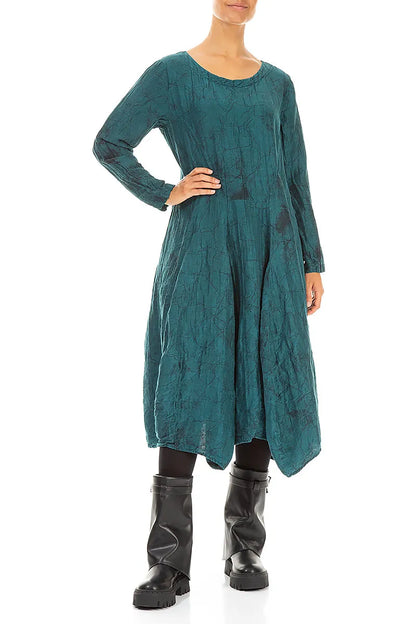 Flared Crinkled Peacock Marble Silk Linen Dress