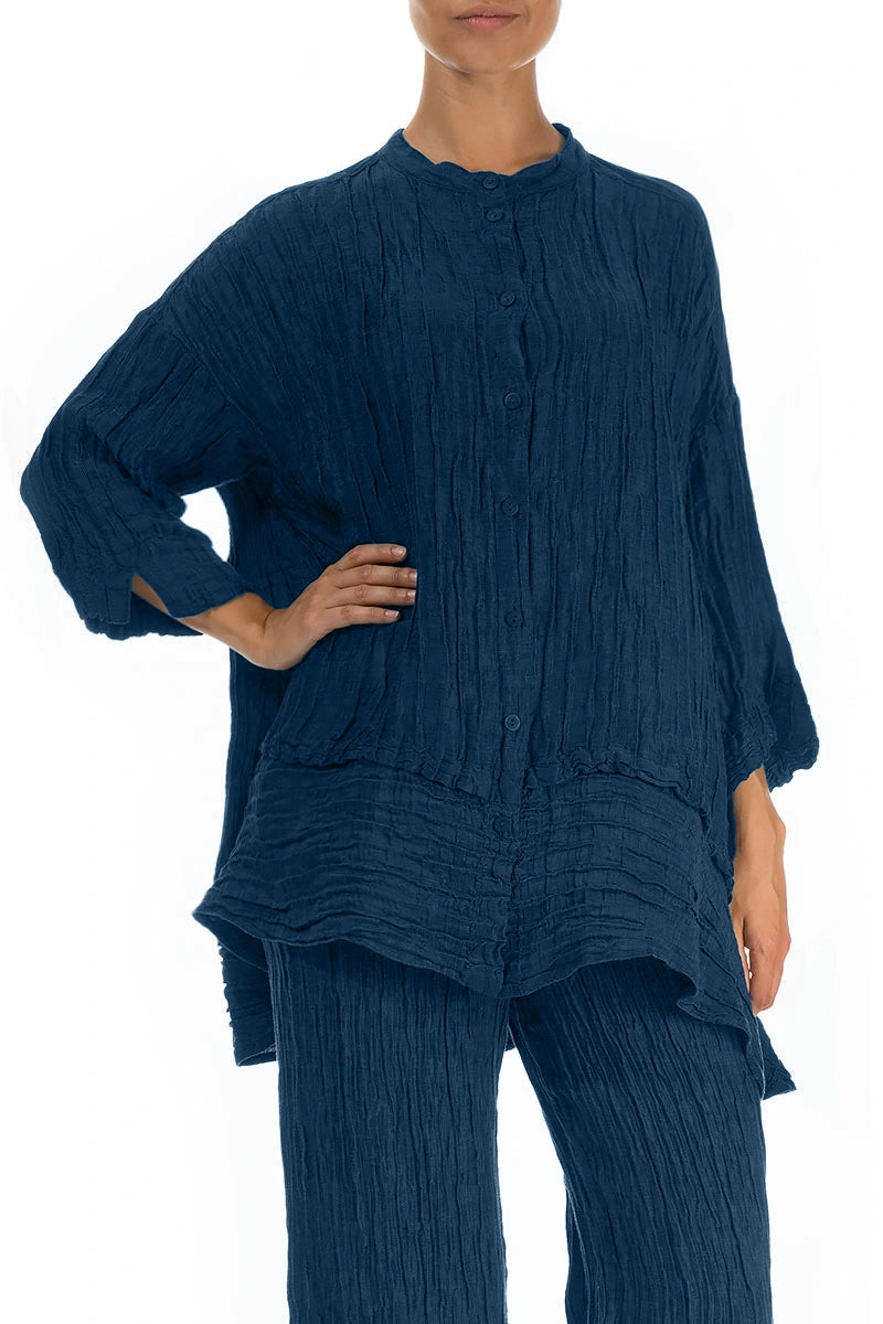 Flared Crinkled Royal Blue Silk Shirt 3