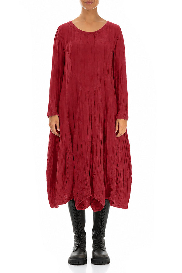 Flared Crinkled Ruby Silk Linen Dress 1