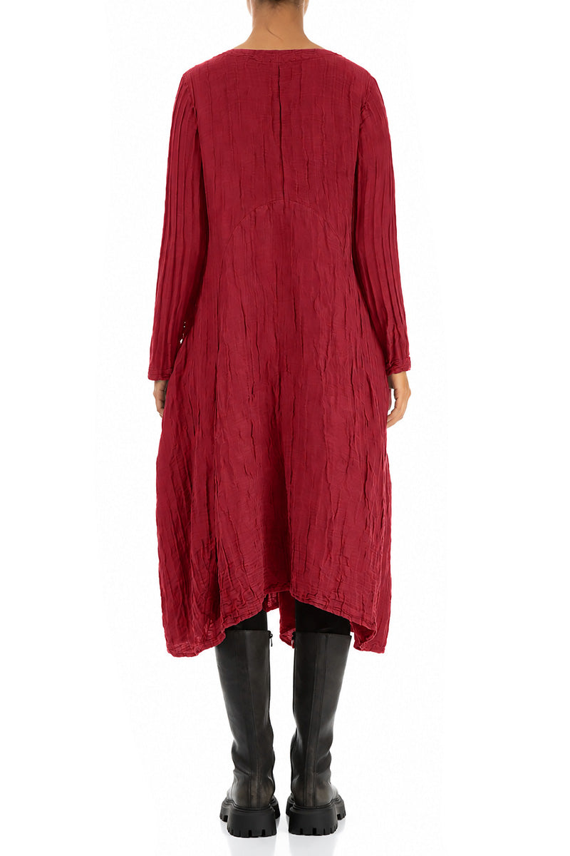 Flared Crinkled Ruby Silk Linen Dress 2