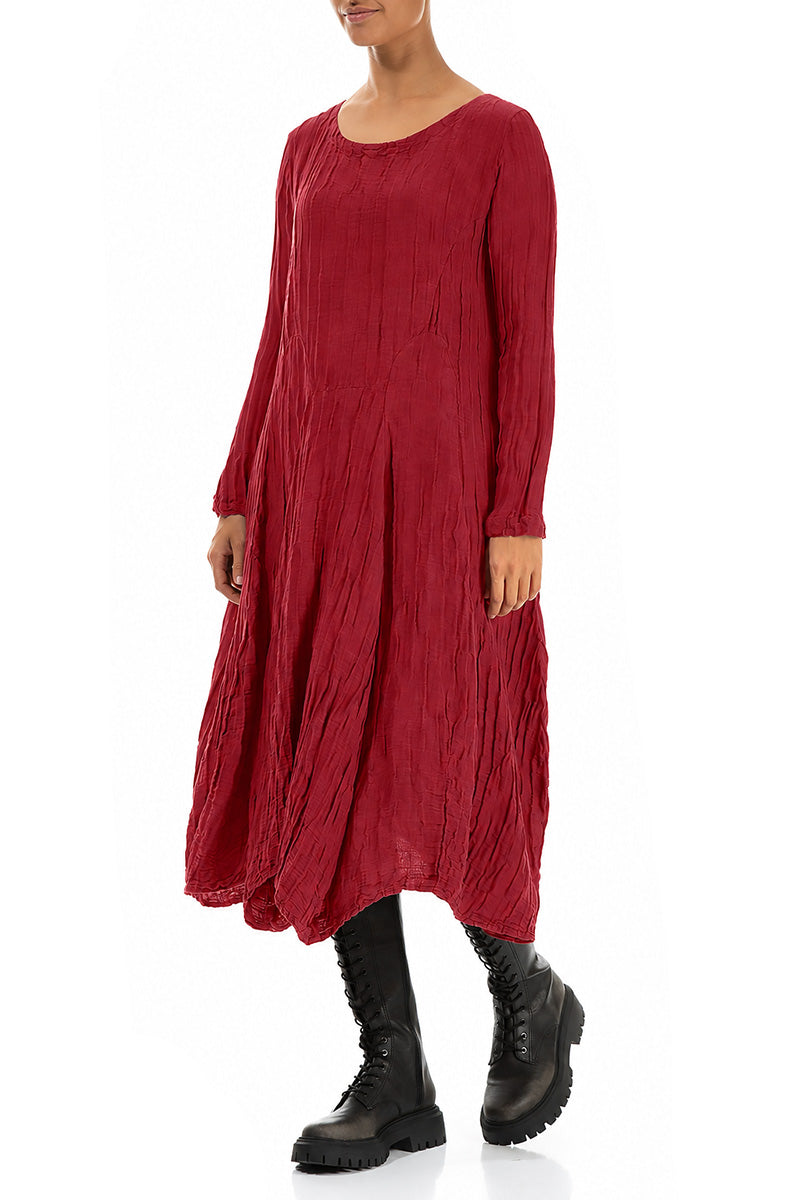 Flared Crinkled Ruby Silk Linen Dress 3