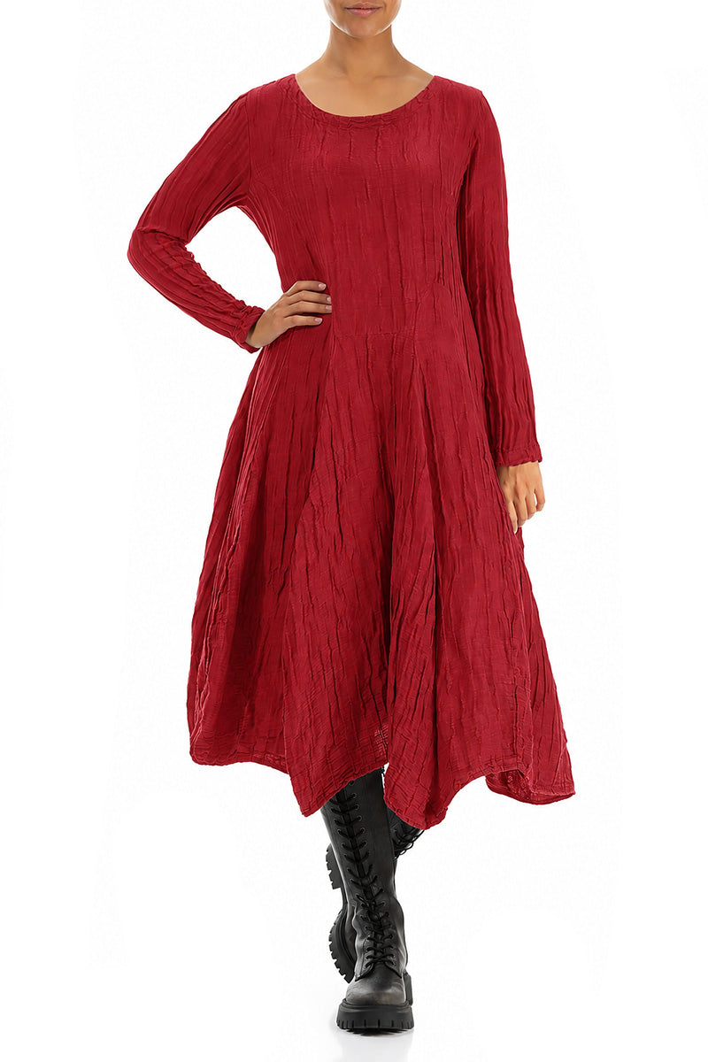 Flared Crinkled Ruby Silk Linen Dress 4