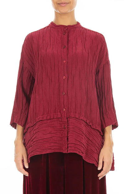 Flared Crinkled Ruby Silk Linen Shirt 1