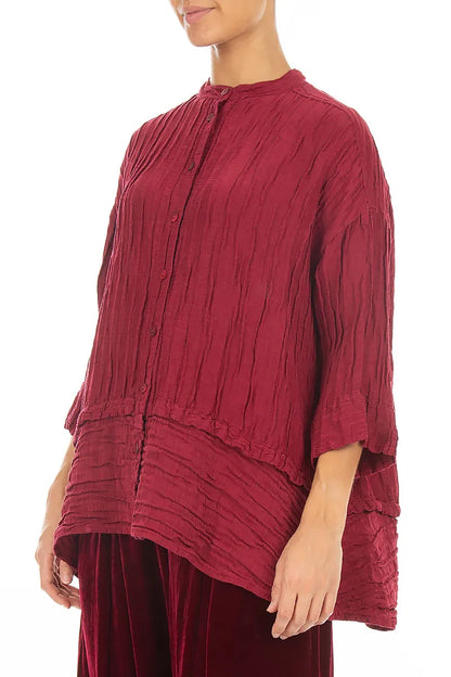 Flared Crinkled Ruby Silk Linen Shirt 3