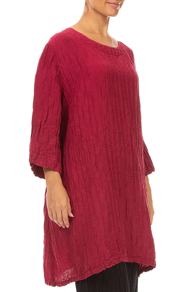 Flared Crinkled Ruby Silk Linen Tunic 3
