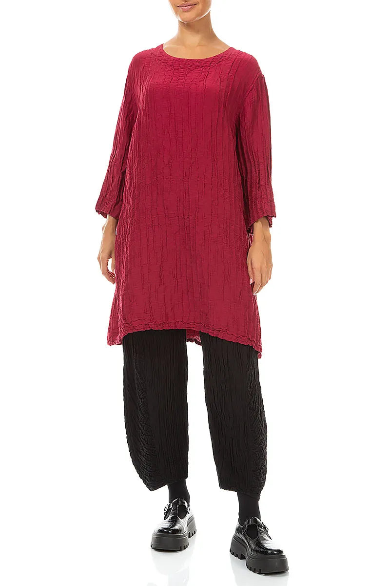 Flared Crinkled Ruby Silk Linen Tunic 4