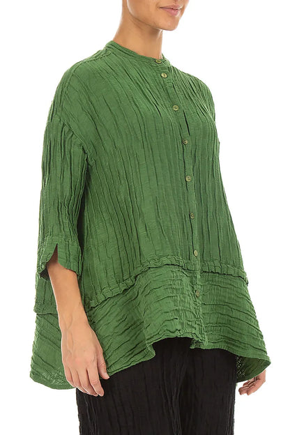 Flared Crinkled Shamrock Green Silk Linen Shirt