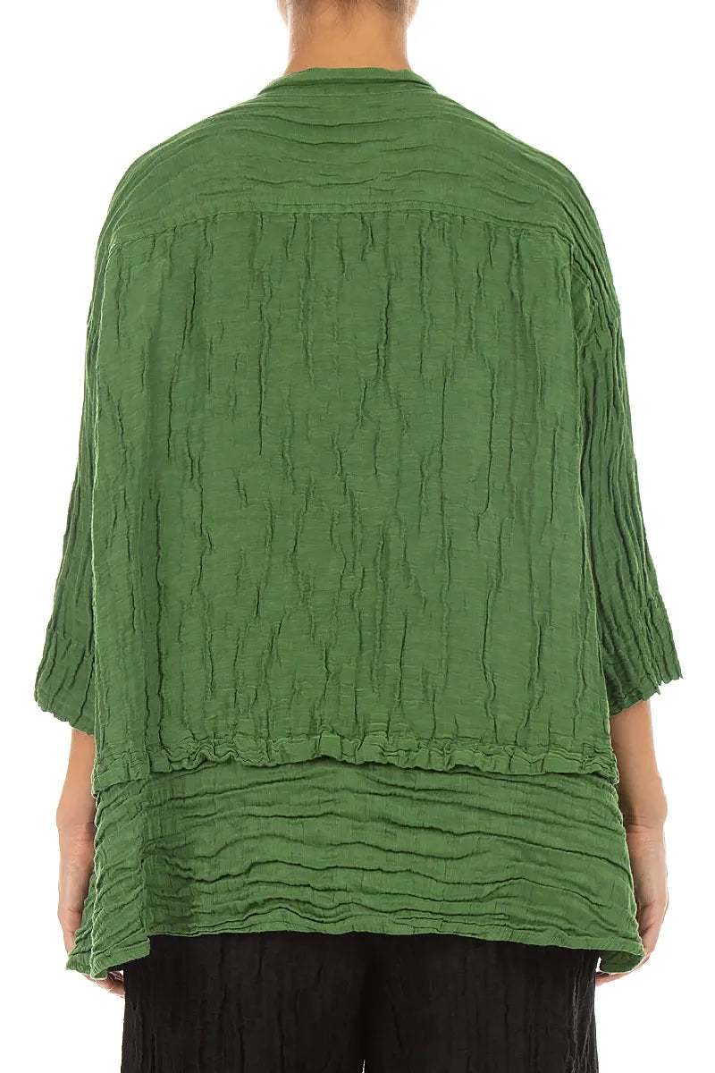 Flared Crinkled Shamrock Green Silk Linen Shirt