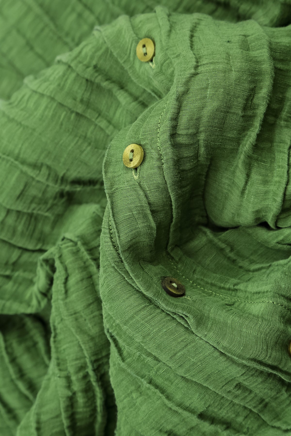 Flared Crinkled Shamrock Green Silk Linen Shirt