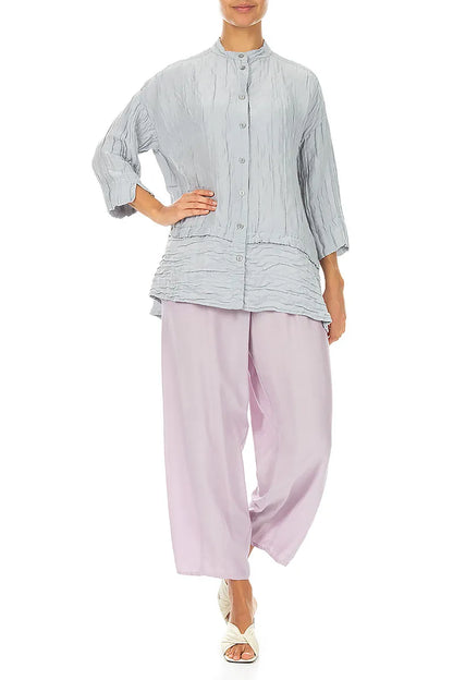 Flared Crinkled Silver Grey Silk Shirt