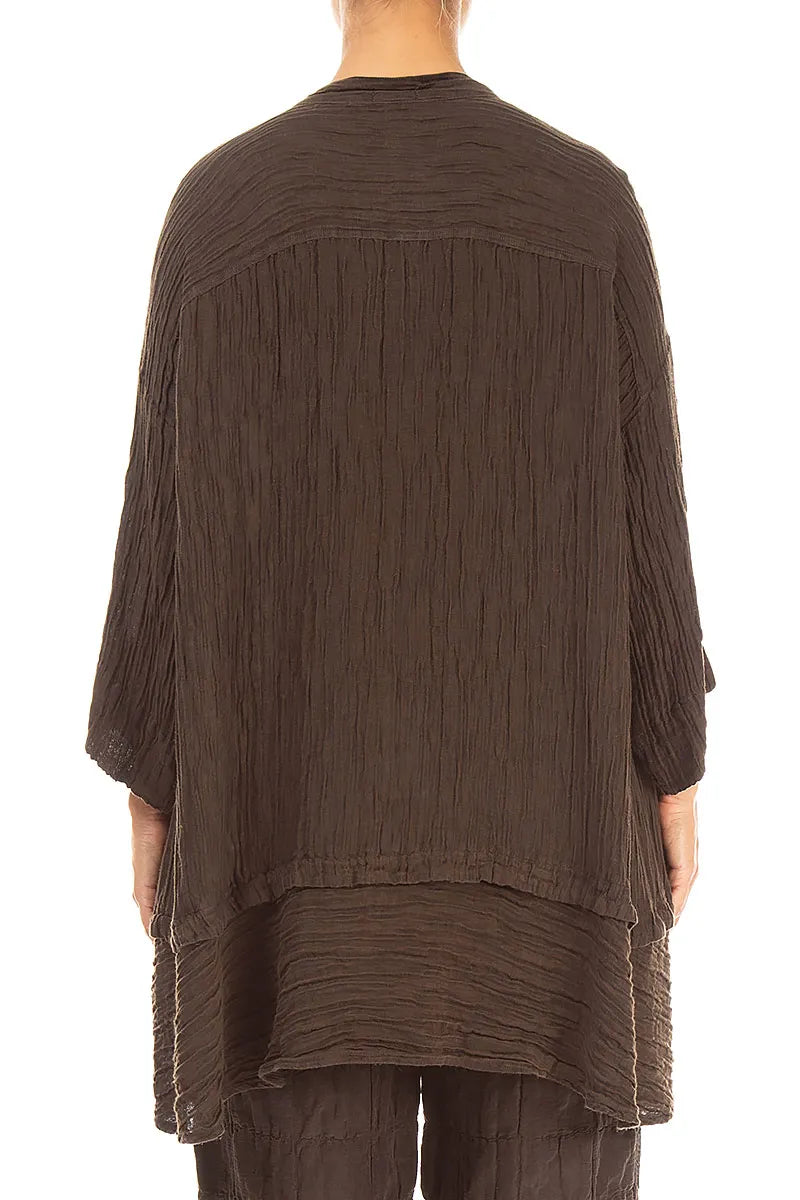 Flared Crinkled Truffle Brown Silk Shirt 2
