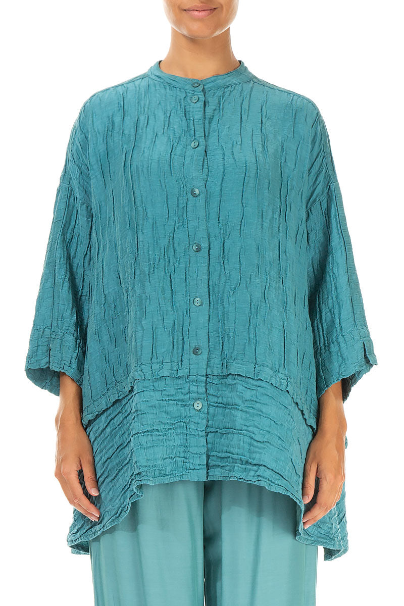 Flared Crinkled Turquoise Silk Shirt 1