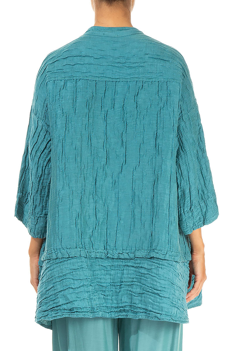 Flared Crinkled Turquoise Silk Shirt 2