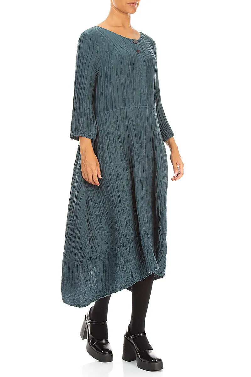 Flared Deep Turquoise Crinkled Silk Linen Dress 3
