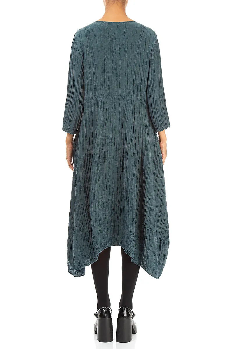 Flared Deep Turquoise Crinkled Silk Linen Dress 2