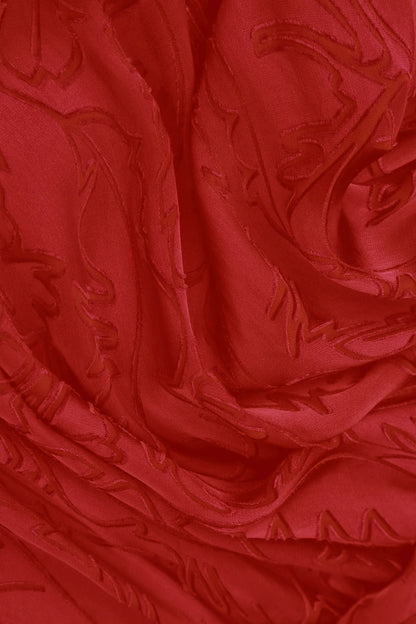 Flared Devoré Feather Cherry Red Silk Dress 5