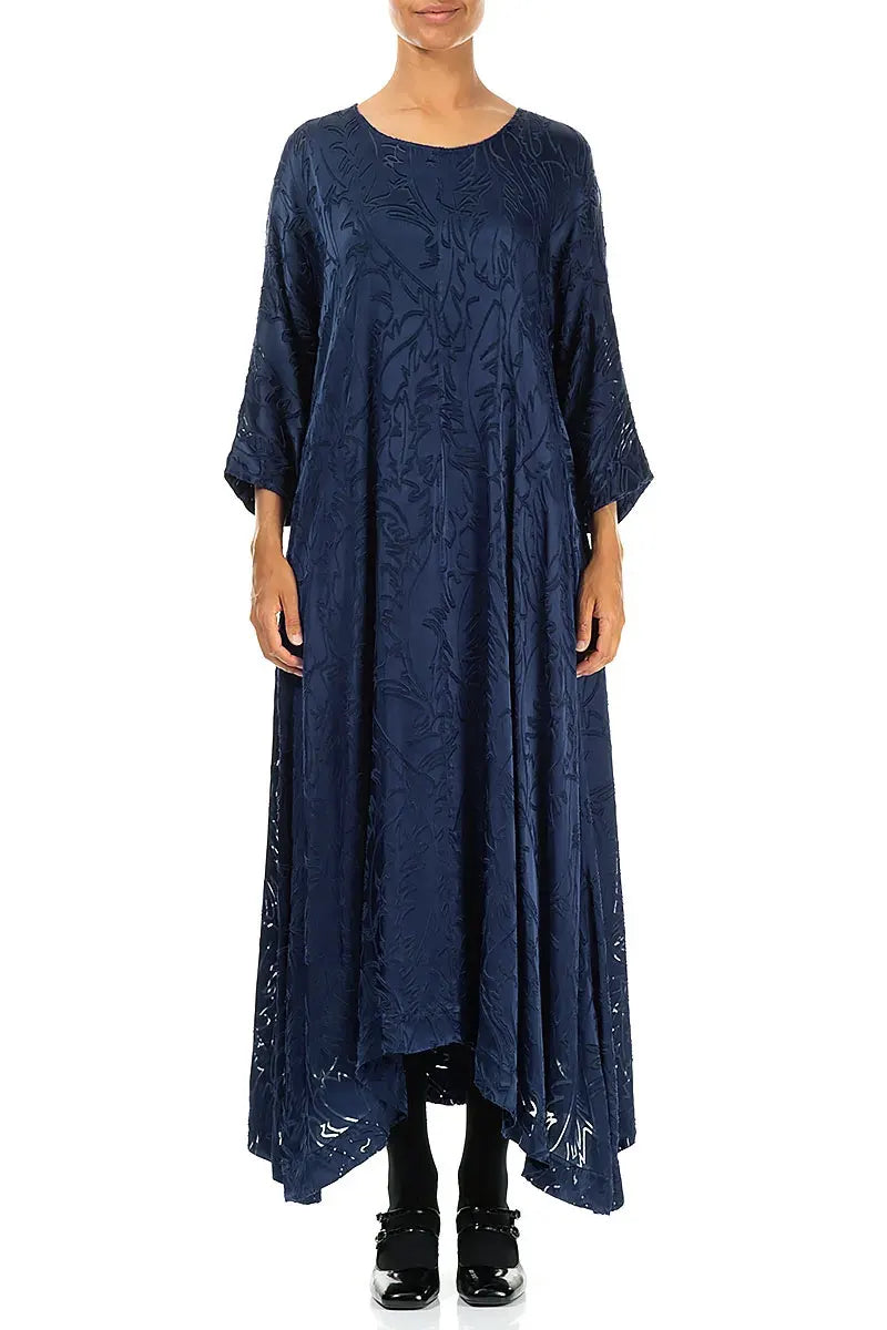 Flared Devoré Feather Royal Blue Silk Dress 1